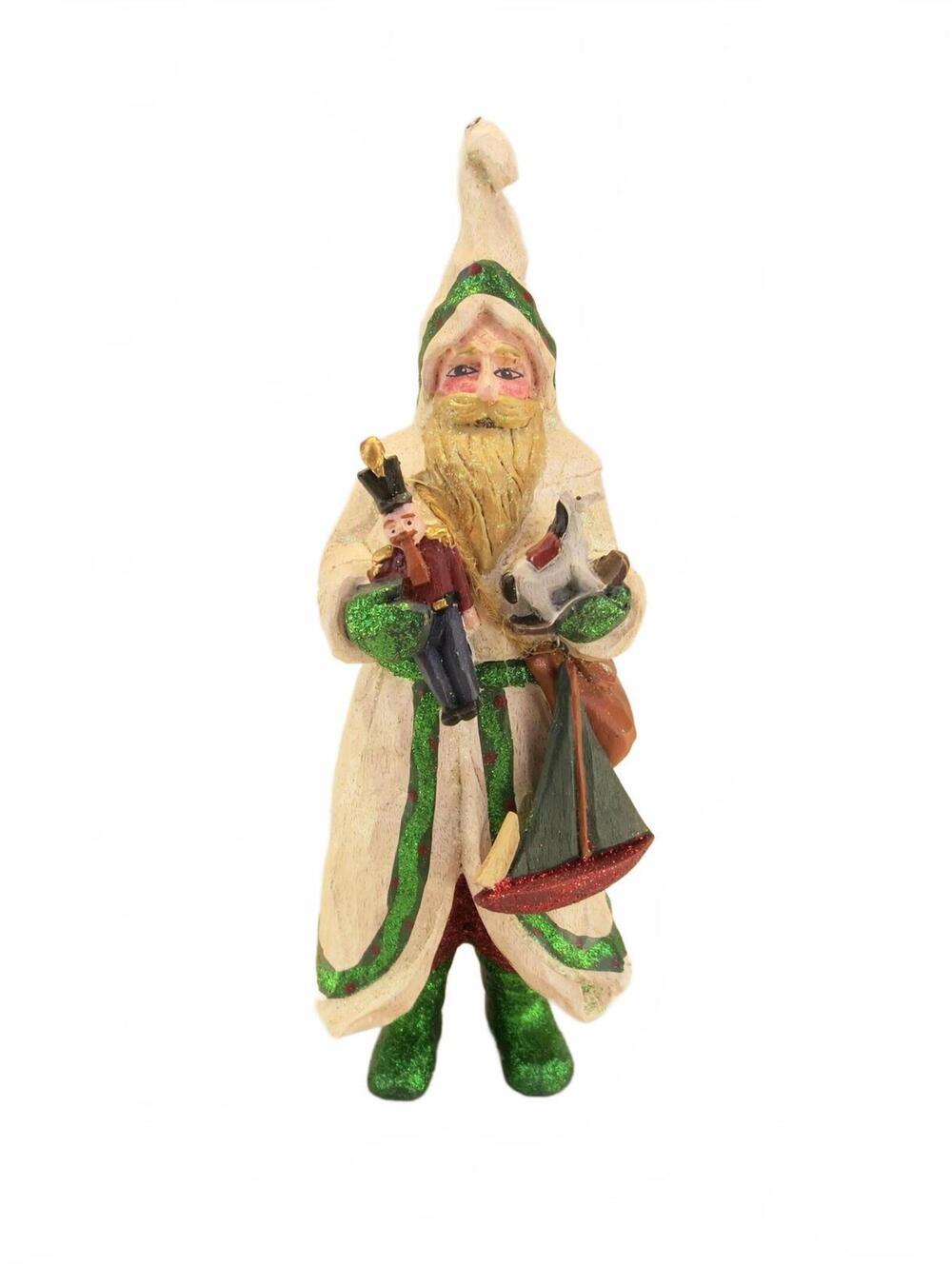 Santa Ornament in White Robe with Green Accents Faux Wood